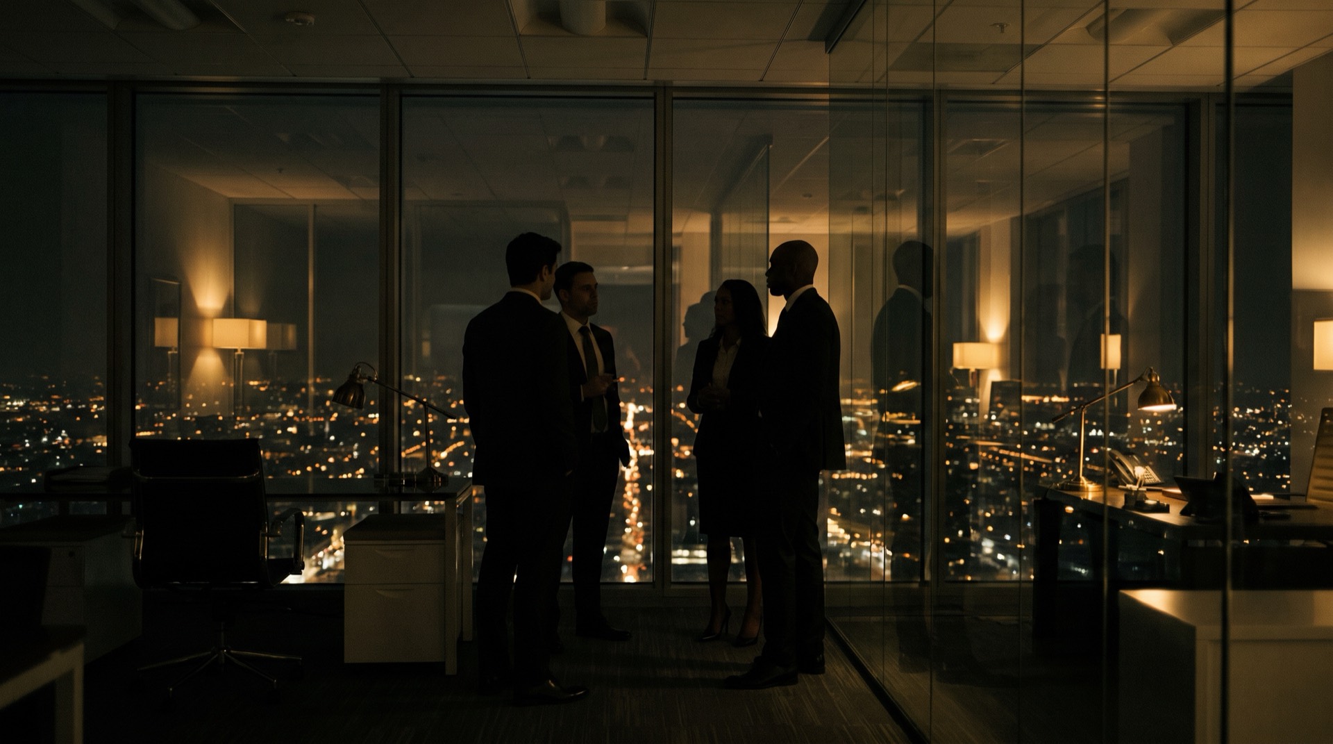 Team silhouettes against city lights